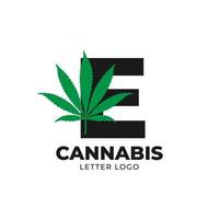 lettre e avec élément de conception de logo vectoriel feuille de cannabis