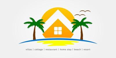 lever ou coucher de soleil avec espace négatif de maison entre palmiers illustration logo pour villas, hôtel, chalet, restaurant, séjour à la maison, plage, complexe