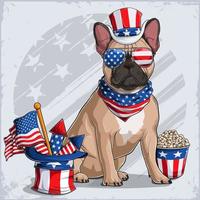 chien bouledogue français déguisé le 4 juillet portant un chapeau oncle sam, avec drapeau américain et feux d'artifice vecteur