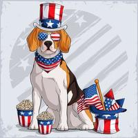 race de chien beagle en déguisement du 4 juillet portant un chapeau oncle sam, avec drapeau américain et feux d'artifice vecteur