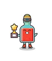 caricature de bouteille de poison carrée en tant que joueur de patinage sur glace tenant le trophée du gagnant