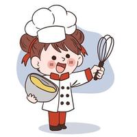 sourire heureux petite fille chef.kid cuisine concept.doodle illustration vectorielle dessinés à la main. vecteur