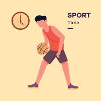 le jeune garçon joue au basket à 17 heures. c'est l'heure du sport. illustration vectorielle de temps d'activité. vecteur