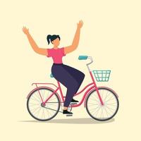 fille heureuse quand elle utilise le vélo pour le transport. journée mondiale du vélo. illustration de vecteur graphique plat coloré isolé.