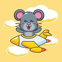 personnage de dessin animé de mascotte de souris mignonne sur un jet d'avion vecteur