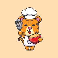 personnage de dessin animé de mascotte de chef léopard mignon avec de la pâte à gâteau vecteur