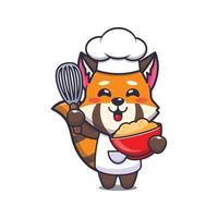 personnage de dessin animé mignon panda rouge chef mascotte avec pâte à gâteau vecteur