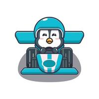 personnage de dessin animé de mascotte de pingouin mignon chevauchant une voiture de course vecteur