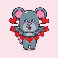 personnage de dessin animé de souris mignon tenant une décoration d'amour vecteur