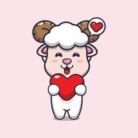 personnage de dessin animé mignon mouton tenant coeur d'amour vecteur