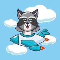 personnage de dessin animé de mascotte de raton laveur mignon sur un jet d'avion vecteur