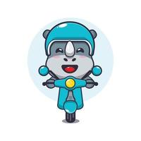 personnage de dessin animé de mascotte de rhinocéros mignon en scooter vecteur