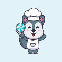 personnage de dessin animé mignon loup chef mascotte tenant des bonbons vecteur