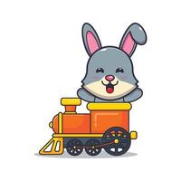 mignon lapin mascotte personnage de dessin animé monter dans le train vecteur