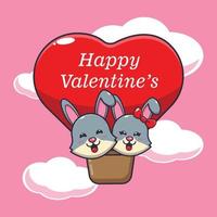 personnage de dessin animé de lapin mignon voler avec ballon à air le jour de la saint valentin vecteur