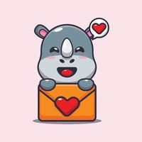 personnage de dessin animé mignon rhinocéros avec message d'amour vecteur