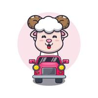 personnage de dessin animé de mascotte de mouton mignon en voiture vecteur