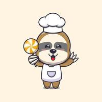 personnage de dessin animé de mascotte de chef paresseux mignon tenant des bonbons vecteur