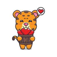 personnage de dessin animé mignon léopard tenant l'amour dans un seau en bois vecteur
