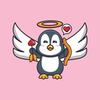 personnage de dessin animé mignon pingouin cupidon tenant une flèche d'amour vecteur