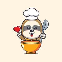 personnage de dessin animé de mascotte de chef paresseux mignon avec soupe vecteur