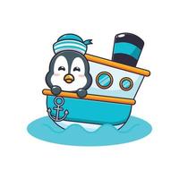 personnage de dessin animé de mascotte de pingouin mignon sur le navire vecteur
