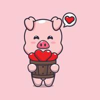 personnage de dessin animé mignon cochon tenant l'amour dans un seau en bois