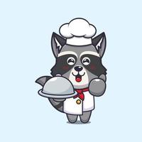 personnage de dessin animé mignon raton laveur chef mascotte avec plat vecteur