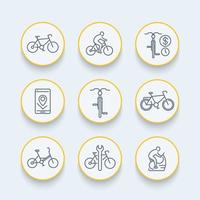 icônes de ligne de cyclisme, cycliste, vélo, réparation de vélo, pictogrammes, ensemble d'icônes rondes, illustration vectorielle vecteur