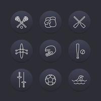 icônes de ligne de sports et de jeux sur des formes rondes sombres, pictogrammes de sport, illustration vectorielle vecteur