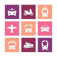 icônes de transport de passagers, vecteur de transport public, bus, métro, tram, taxi, avion, bateau, icônes simples sur des carrés de couleur, illustration vectorielle