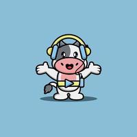 vache mignonne écoutant de la musique avec illustration vectorielle de dessin animé de casque vecteur