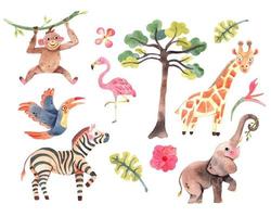 collection safari avec girafe, singe, zèbre, éléphant et toucan. animaux mignons à l'aquarelle parfaits pour le papier peint, l'impression, l'emballage, les invitations vecteur