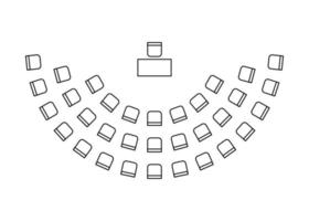 plan d'aménagement des chaises en demi-cercle à l'intérieur, amphithéâtre de sièges de carte, contour graphique de mise en page. affaires, éducation, symboles de mobilier gouvernemental dans le plan architectural du schéma, vue de dessus. ligne vectorielle vecteur