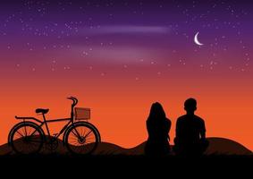 graphique dessin couple s'asseoir et voir nature paysage silhouette après le coucher du soleil pour papier peint fond illustration vectorielle vecteur