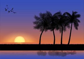 vue paysage palmier dessin avec coucher de soleil ou lever de soleil fond illustration vectorielle concept romantique vecteur
