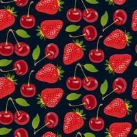 fraises et cerises rouges avec une feuille verte sur fond bleu foncé. fond avec divers modèle sans couture de baies. magnifique illustration vectorielle de fruits rouges frais. vecteur