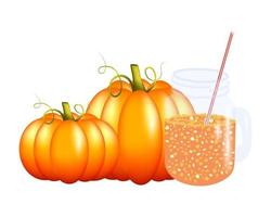 citrouilles mignonnes orange mûres et jus de citrouille frais dans un bocal en verre avec une poignée et des pailles. verre avec du jus de citrouille isolé sur fond blanc. illustration vectorielle. vecteur