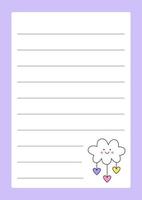 feuille de vecteur pour prendre des notes avec un joli nuage kawaii.