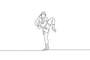 dessin en ligne continue d'un jeune homme sportif s'entraînant à la boxe thaïlandaise au centre du club de gym. concept de sport muay thai combatif. événement de compétition. illustration vectorielle de conception de dessin à une ligne à la mode vecteur