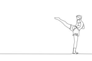 un seul dessin au trait d'un jeune combattant muay thai énergique exerçant au graphique d'illustration vectorielle du centre de remise en forme de gym. concept de sport combatif de boxe thaïlandaise. conception moderne de dessin en ligne continue vecteur