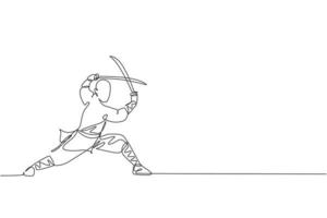 dessin en ligne continue d'un jeune moine shaolin musclé tenant un train d'épée au temple de shaolin. concept de combat de kung fu traditionnel chinois. illustration vectorielle de conception de dessin à une ligne à la mode vecteur