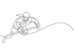 un dessin en ligne continue d'un jeune joueur de hockey sur glace professionnel frappe la rondelle et attaque sur l'arène de la patinoire. concept de sport d'hiver extrême. illustration vectorielle graphique de conception de dessin à une ligne à la mode vecteur
