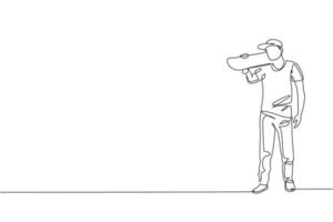 un dessin en ligne continu d'un jeune skateur cool tenant un skateboard à l'épaule et pose si élégant. concept de sport adolescent extrême. illustration vectorielle de dessin dynamique à une seule ligne vecteur