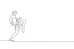 un dessin en ligne continu d'un jeune boxeur sportif muay thai se préparant à se battre, coup de pied de position à l'arène de la boîte. concept de jeu de sport de combat. graphique d'illustration vectorielle de conception de dessin à une seule ligne dynamique vecteur