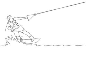 dessin en ligne continue d'un jeune surfeur sportif jouant au wakeboard dans la mer. concept de sport de mer extrêmement dangereux. vacances d'été. illustration vectorielle de conception de dessin à une ligne à la mode vecteur