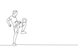 dessin en ligne continue d'un jeune homme sportif s'entraînant au football freestyle, jonglant avec la cuisse sur le terrain. concept de freestyler de football. illustration graphique vectorielle de conception de dessin à une ligne à la mode vecteur