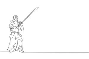 un seul dessin au trait d'un jeune homme énergique exerce la position de kendo avec une épée en bois à l'illustration vectorielle graphique du centre de gym. concept de sport de combat combatif. conception moderne de dessin en ligne continue vecteur