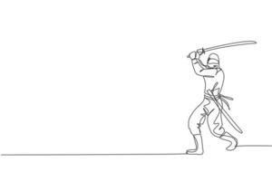 un dessin d'une seule ligne de jeune ninja traditionnel japonais énergique tenant l'épée de samouraï en attaque pose illustration vectorielle. concept de sport d'art martial combatif. conception moderne de dessin en ligne continue vecteur