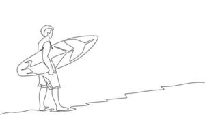 un dessin en ligne continu d'un jeune surfeur touristique heureux marchant sur une plage de sable et portant une planche de surf. concept de sports nautiques extrêmes. vacances d'été. illustration vectorielle de dessin dynamique à une seule ligne vecteur
